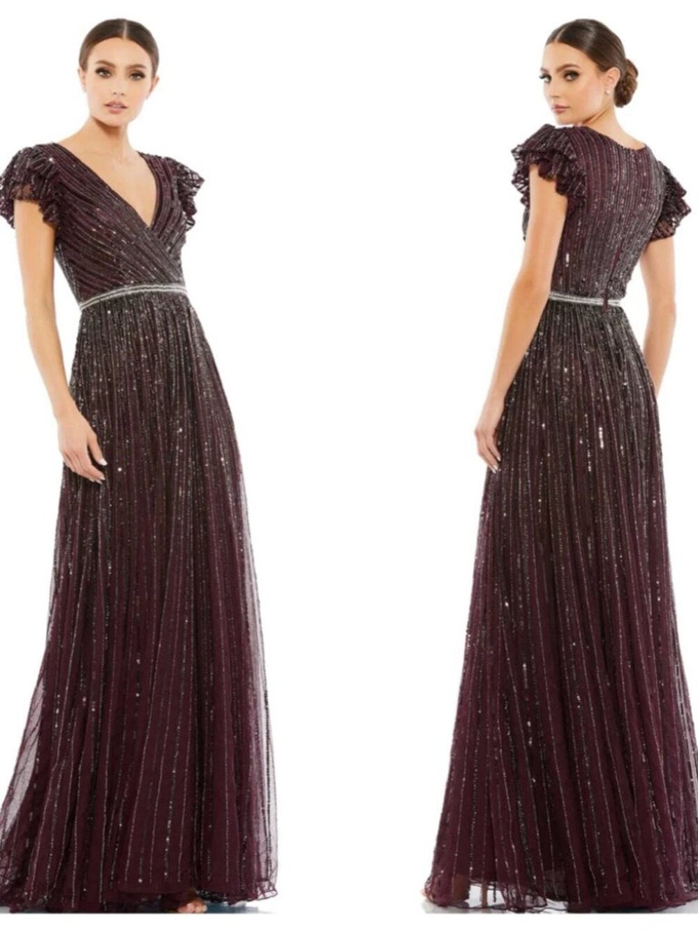 Mac Duggal 5502 Sequined Wrap Over Ruffled Cap Sleeve Gown